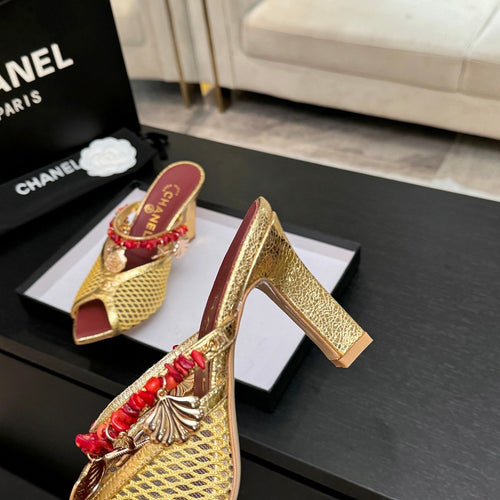 CHANEL Coco Beach Coral Charm Mesh Mules