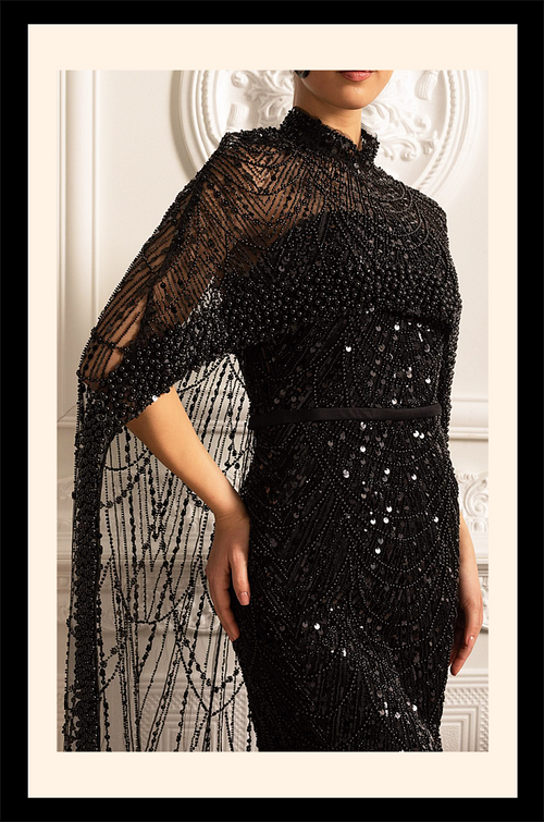 Che’ Le Vout” Embellished Noir Cape Gown – Velour de Luxe Award Couture