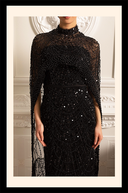 Che’ Le Vout” Embellished Noir Cape Gown – Velour de Luxe Award Couture