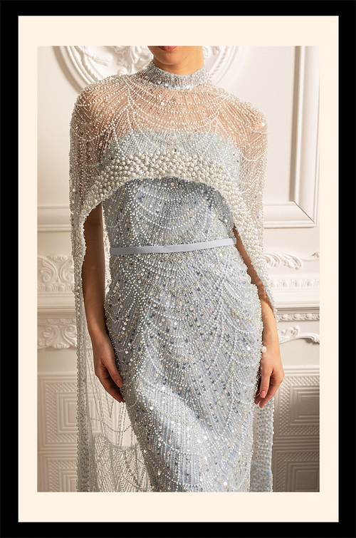 “Che’ Le Vout” Embellished Icy Blue Cape Gown – Velour de Luxe Award Couture