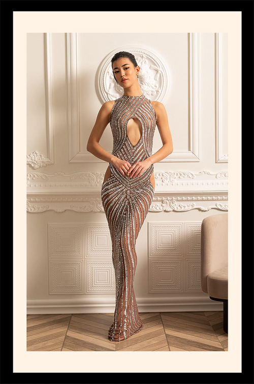 "Couture Solstice” Metallic Illusion Crystal Gown – Velour de Luxe Award Couture