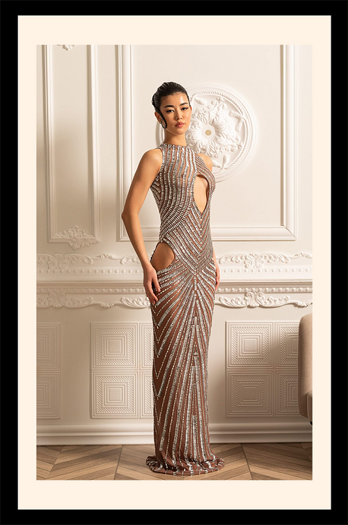 "Couture Solstice” Metallic Illusion Crystal Gown – Velour de Luxe Award Couture