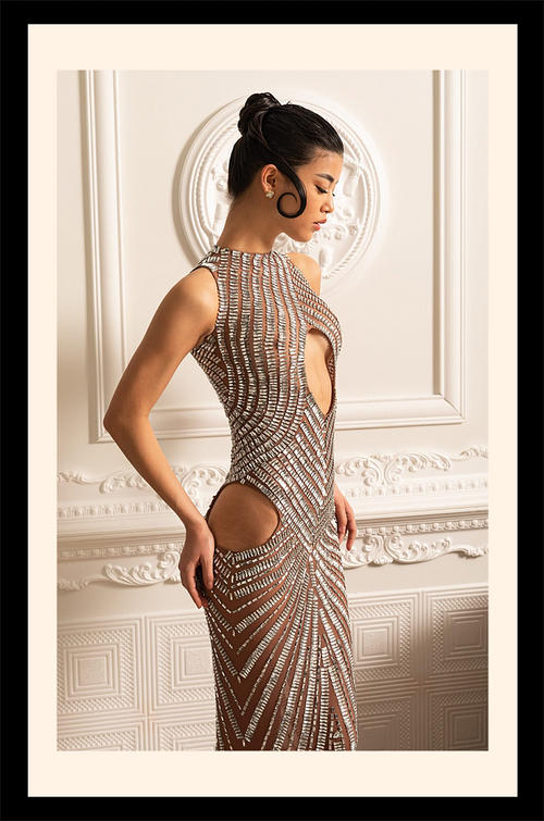 "Couture Solstice” Metallic Illusion Crystal Gown – Velour de Luxe Award Couture