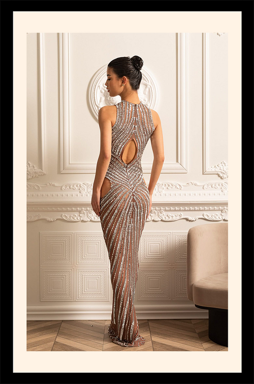 "Couture Solstice” Metallic Illusion Crystal Gown – Velour de Luxe Award Couture