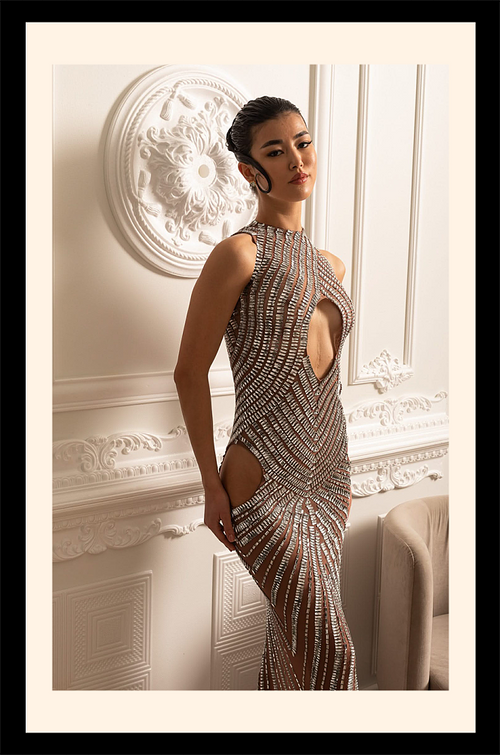"Couture Solstice” Metallic Illusion Crystal Gown – Velour de Luxe Award Couture