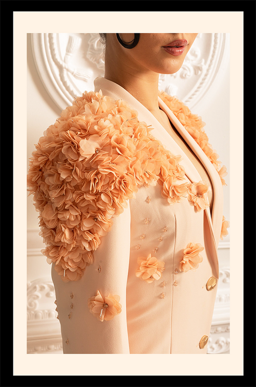 “Jardin de Soleil” 3D Floral Blazer Gown – Velour de Luxe Award Couture