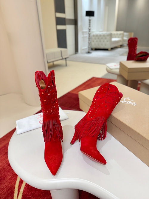 Christian Louboutin “Rodeo Rouge” Fringe Suede Embellished Boots