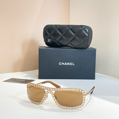 Chanel Oversized Pearl-Embellished Shield Sunglasses – Haute Lumière Edition