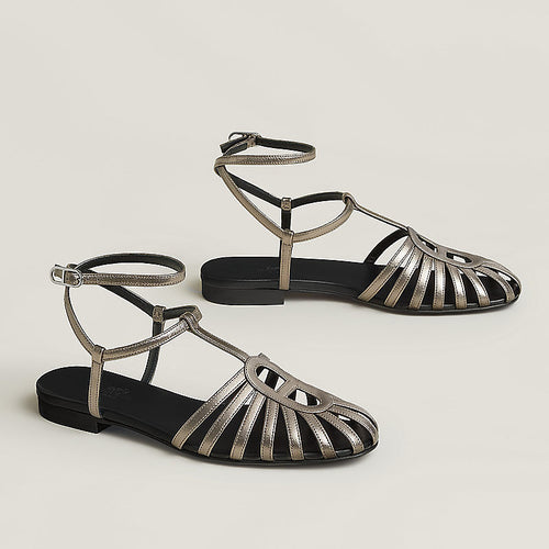 HERMÈS Metallic Bronze Ankle-Wrap Sandals