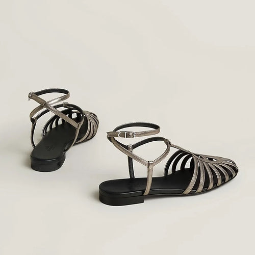 HERMÈS Metallic Bronze Ankle-Wrap Sandals