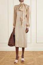 GUCCI GG Jacquard Silk Tie-Neck Midi Dress