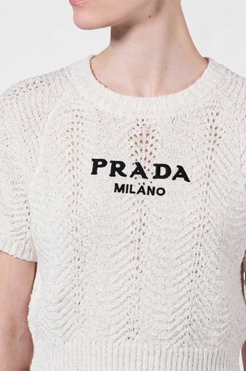 PRADA Openwork Logo Knit Cropped Top – Ivory