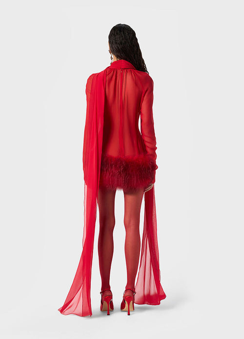 EMPRESS OF FIRE™ Feather-Trim Illusion Couture Mini Dress