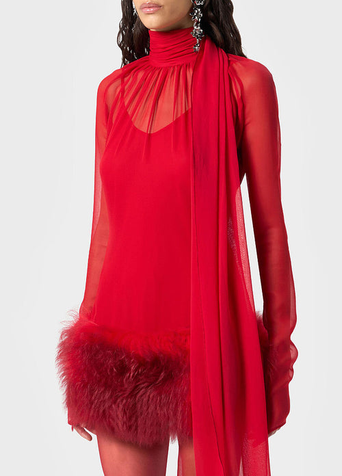 EMPRESS OF FIRE™ Feather-Trim Illusion Couture Mini Dress