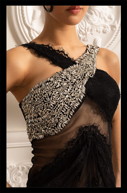 “Vespera Noire” Crystal Lace Illusion Gown