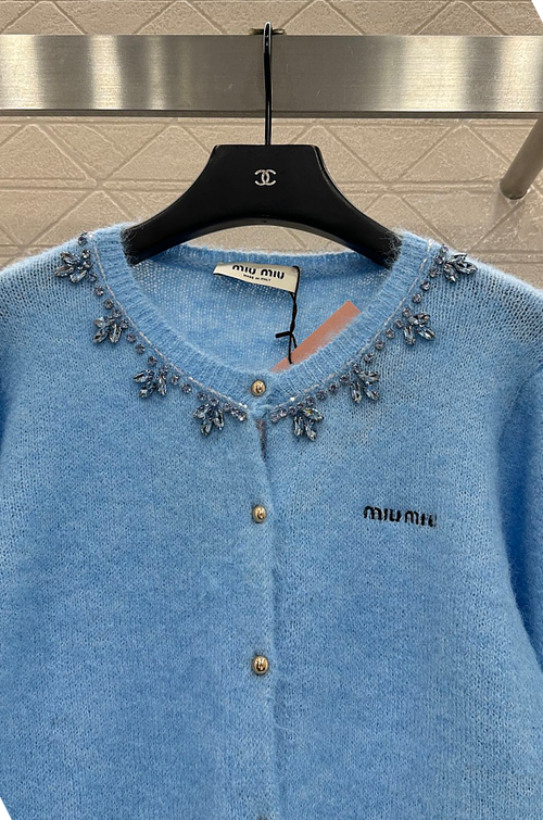 Miu Miu Azzura Perlée” Crystal-Trim Knit Cardigan