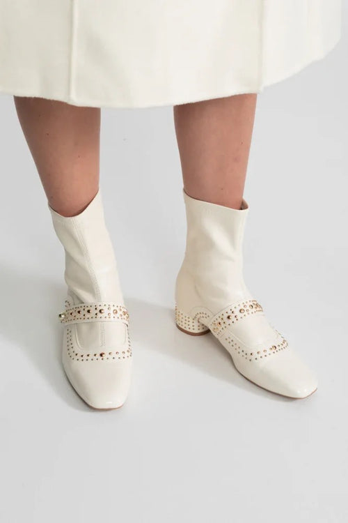 “Clarette d’Or” Studded Ivory Ankle Boots