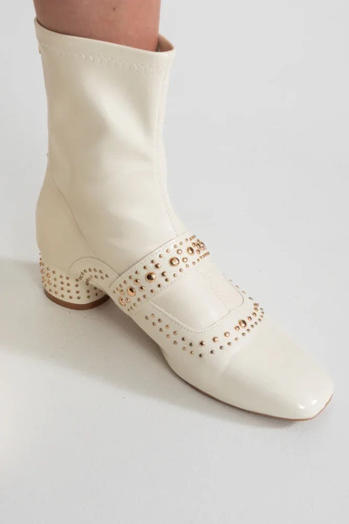 “Clarette d’Or” Studded Ivory Ankle Boots