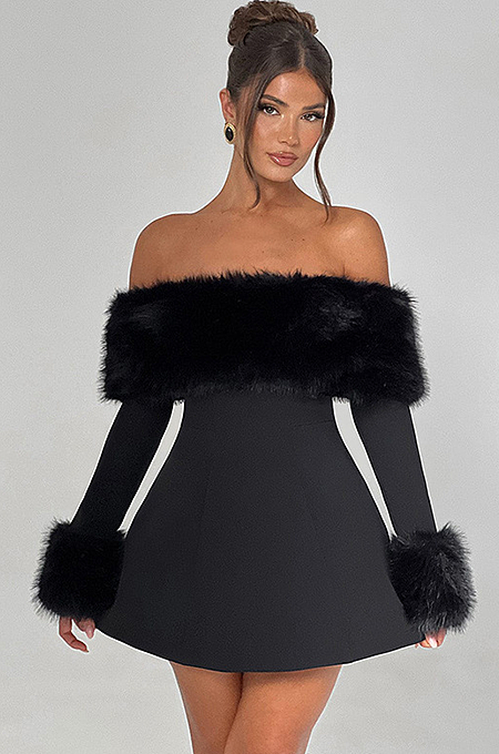faux fur mini dress Faux Fur Off-Shoulder Mini Dress L / Black