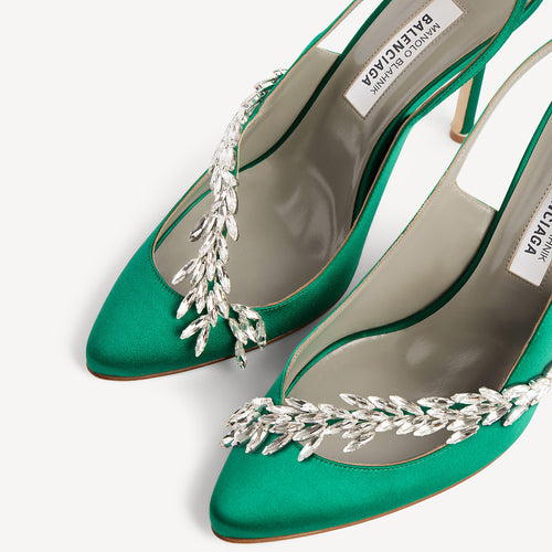 Manolo Blahnik x Balenciaga Crystal-Embellished Satin Slingback Pumps – Emerald