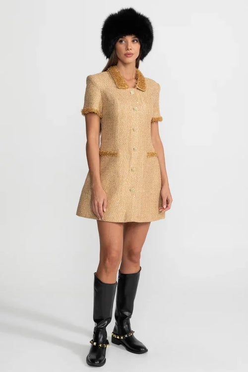 “Maison Solène” Gold Tweed Mini Dress – Luxe Edition