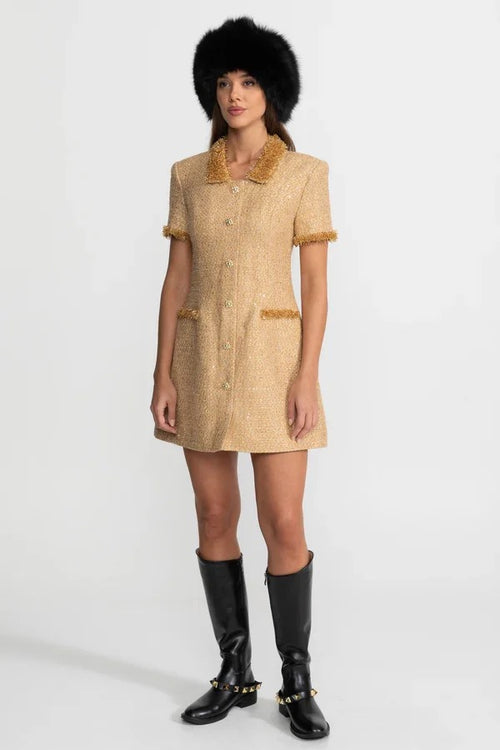 “Maison Solène” Gold Tweed Mini Dress – Luxe Edition