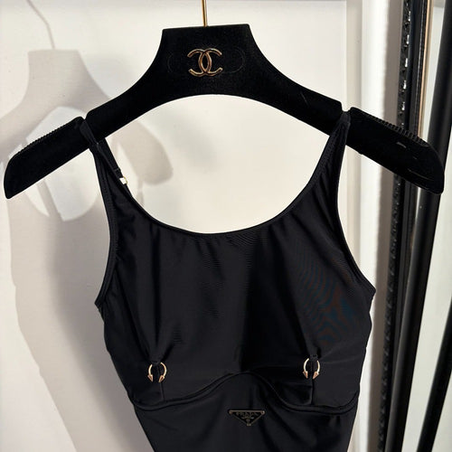 PRADA Black One-Piece Swimsuit with Gold-Tone Ring Details