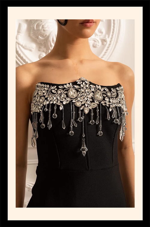 “Astrella Noire” Crystal Embellished Column Gown