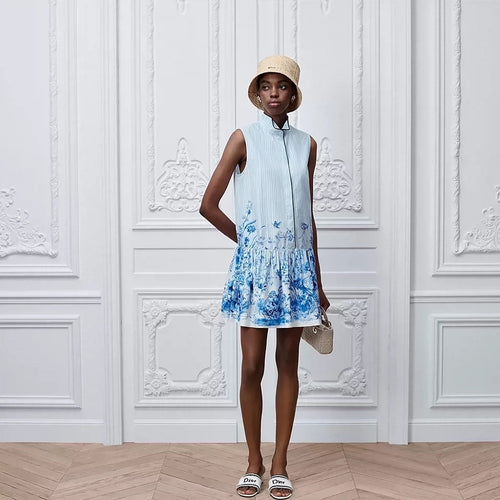 DIOR Jardin Bleu Toile Drop-Waist Mini Dress