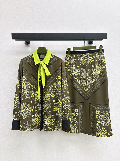 Gucci “Verde Botanico” Silk Scarf Blouse & Skirt Set – Luxe Edition