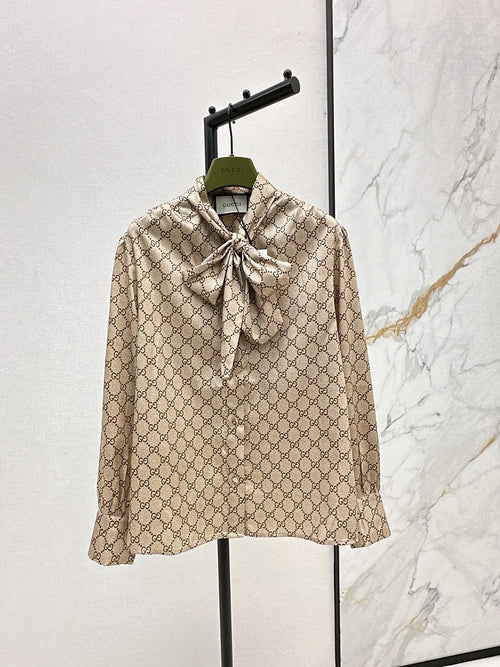 Gucci GG Silk Bow Blouse & Monogram A-Line Skirt Set