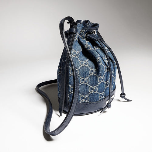 Gucci GG Denim Mini Bucket Bag with Leather Trim