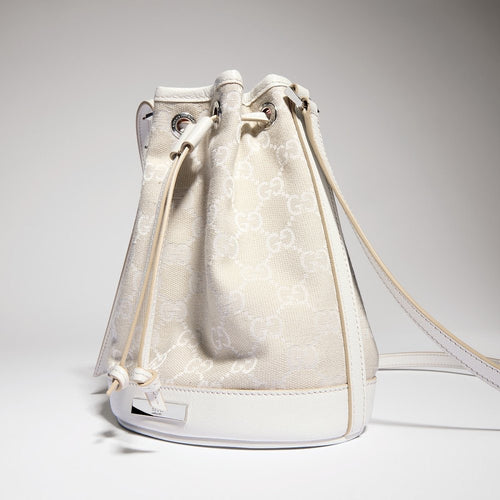 Gucci GG Monogram Canvas Mini Bucket Bag with White Leather Trim