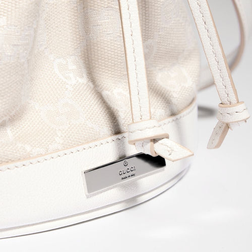 Gucci GG Monogram Canvas Mini Bucket Bag with White Leather Trim