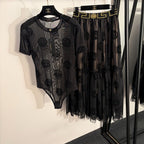 Versace Medusa Flocked Mesh Bodysuit & Greca Tulle Midi Skirt Set