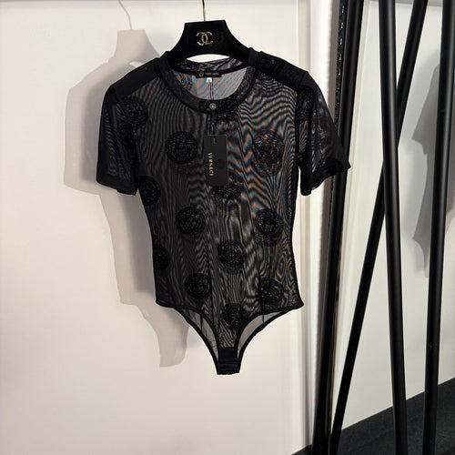 Versace Medusa Flocked Mesh Bodysuit & Greca Tulle Midi Skirt Set