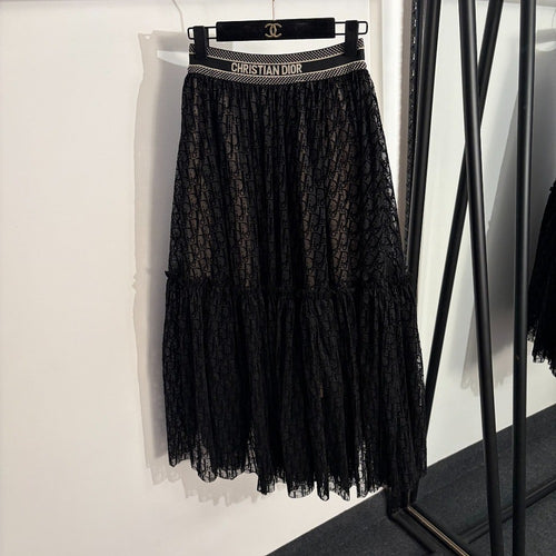 Christian Dior Oblique Sheer Tulle Bodysuit & Tiered Midi Skirt Set