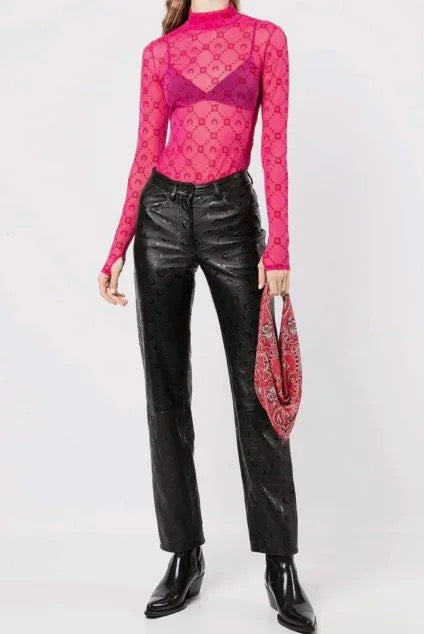 Marine Serre Moon Monogram Sheer Second-Skin Turtleneck Top – Fuchsia