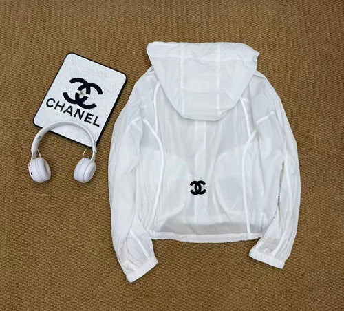 CHANEL Sheer Hooded Logo Windbreaker Jacket – White