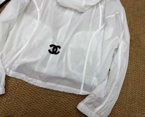 CHANEL Sheer Hooded Logo Windbreaker Jacket – White