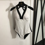 CHANEL Matelassé Contrast Halterneck One-Piece Swimsuit