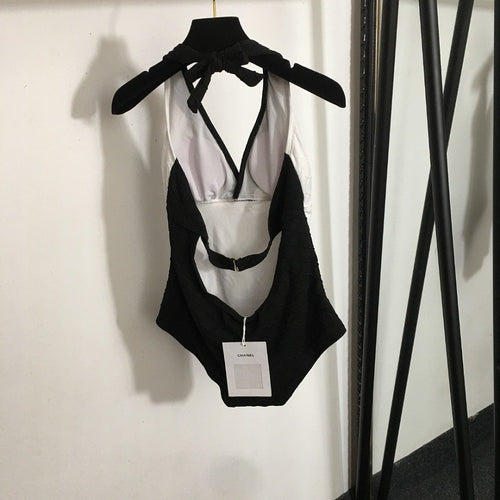 CHANEL Matelassé Contrast Halterneck One-Piece Swimsuit