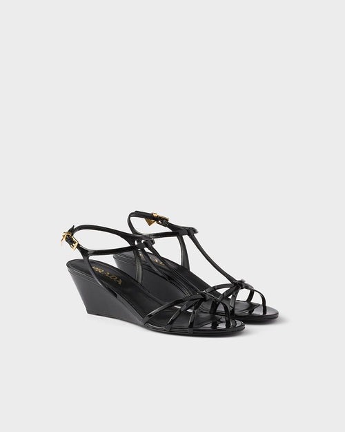 Prada Patent Leather T-Strap Wedge Sandals