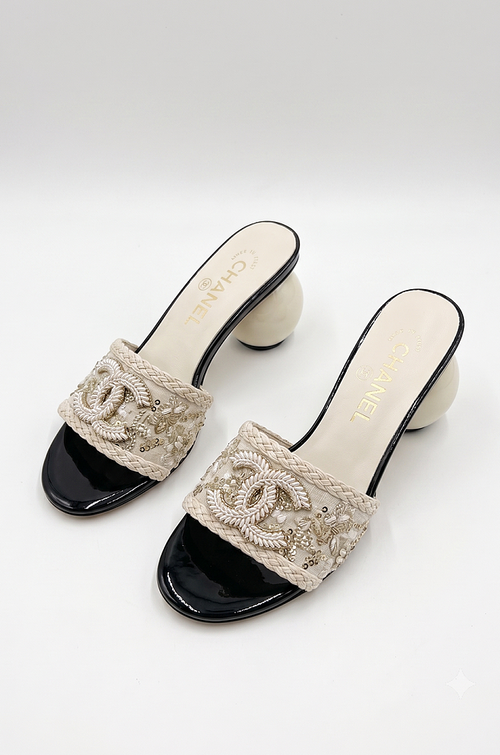 Chanel Embroidered CC Pearl Heel Mule Sandals – Ivory Noir