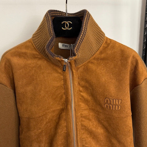 Miu Miu Camel Suede-Knit Bomber Jacket