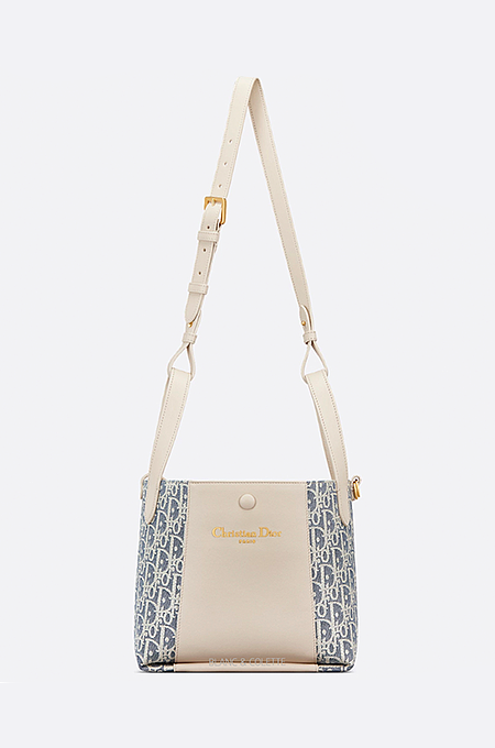 Dior Petite Calfskin Bucket Bag – Oblique Embossed Leather in Cream & Blue