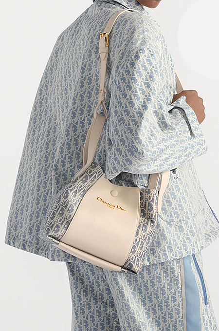 Dior Petite Calfskin Bucket Bag – Oblique Embossed Leather in Cream & Blue