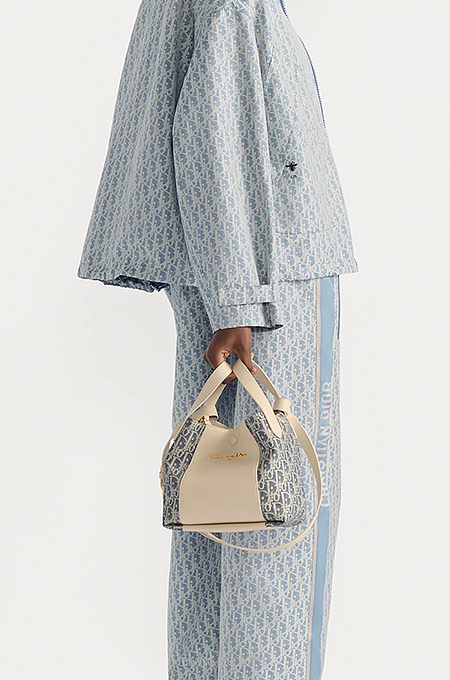 Dior Petite Calfskin Bucket Bag – Oblique Embossed Leather in Cream & Blue