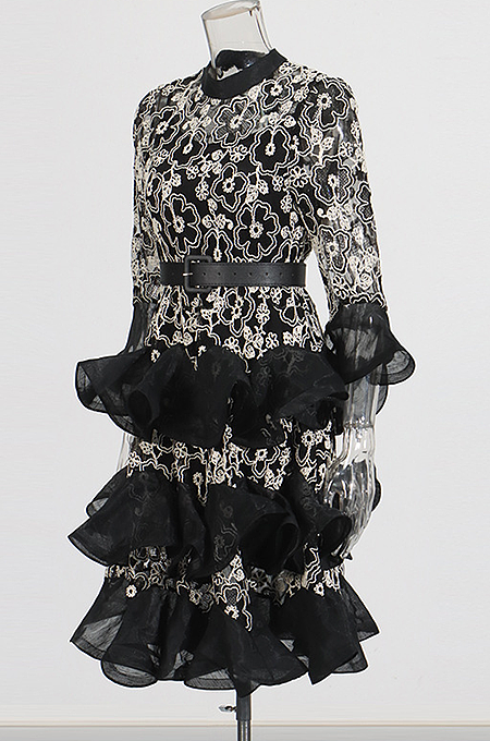 Noir Fleur Ruffle Dress with Sheer Embroidery & Slip Liner
