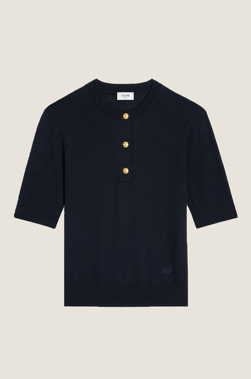 Celine Navy Gold-Button Knit Polo Top